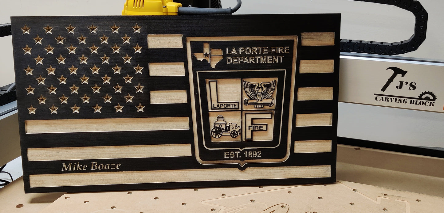 Personalized La Porte Fire Dept. Thin Red Line Wood Flag