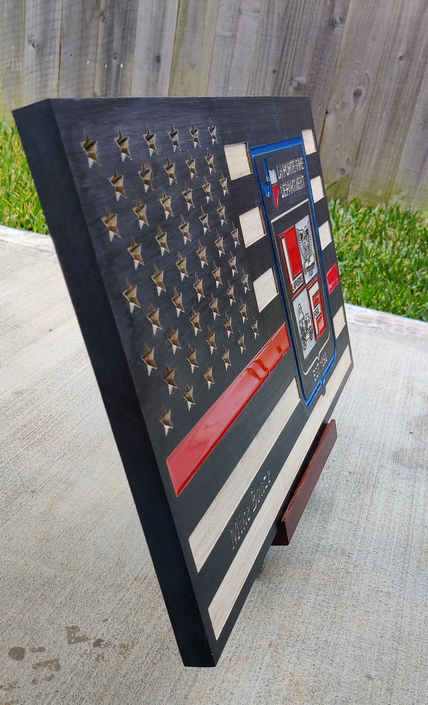 Personalized La Porte Fire Dept. Thin Red Line Wood Flag