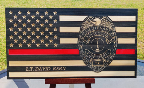 Personalized Atascocita Fire Dept. Thin Red Line Wood Flag