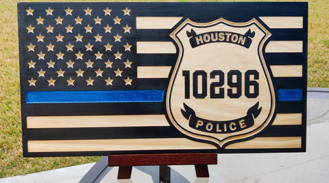 Personalized Houston Police Thin Blue Line Wood Flag