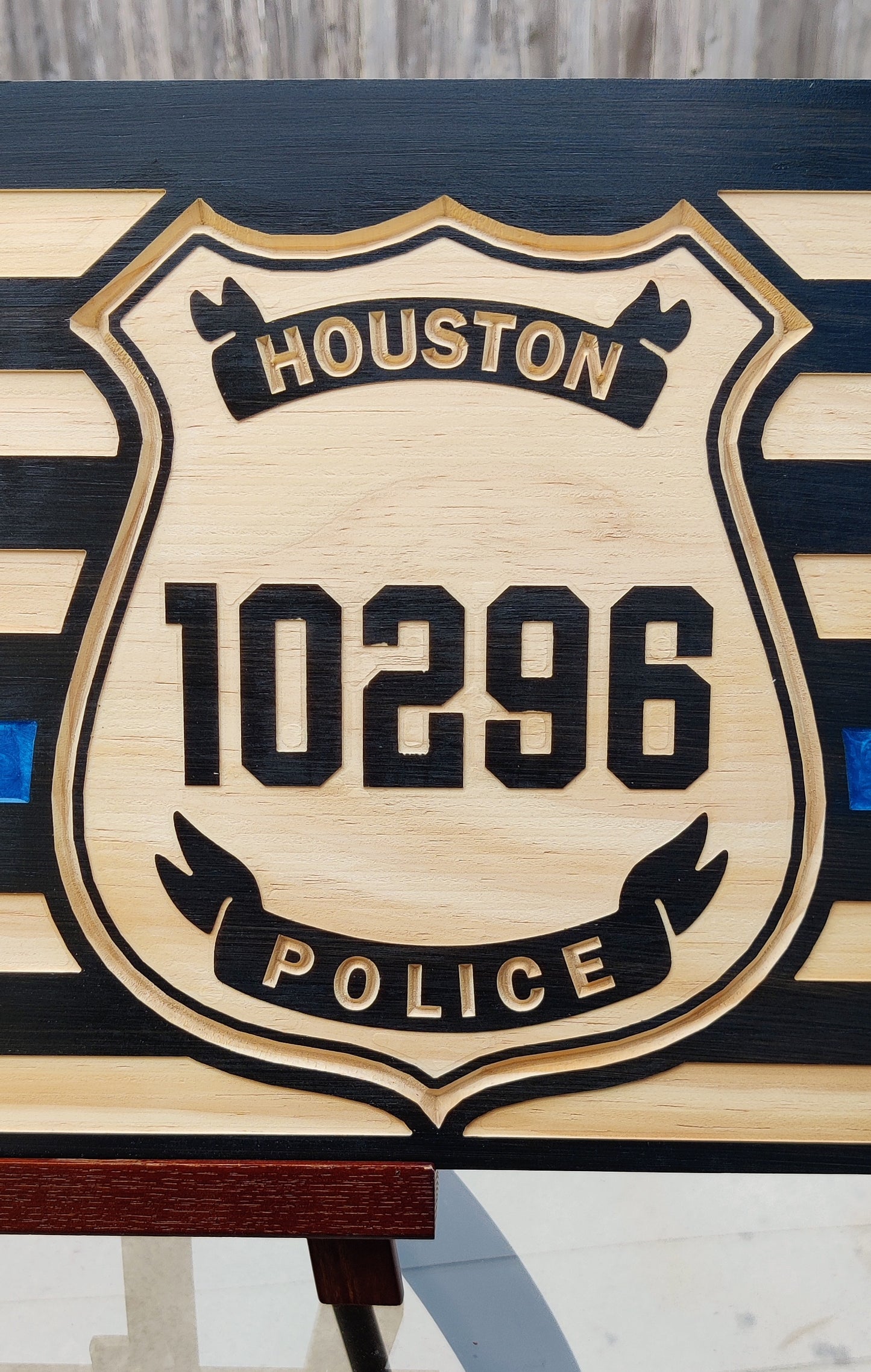 Personalized Houston Police Thin Blue Line Wood Flag