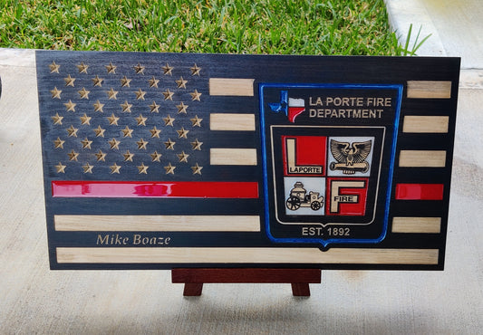 Personalized La Porte Fire Dept. Thin Red Line Wood Flag